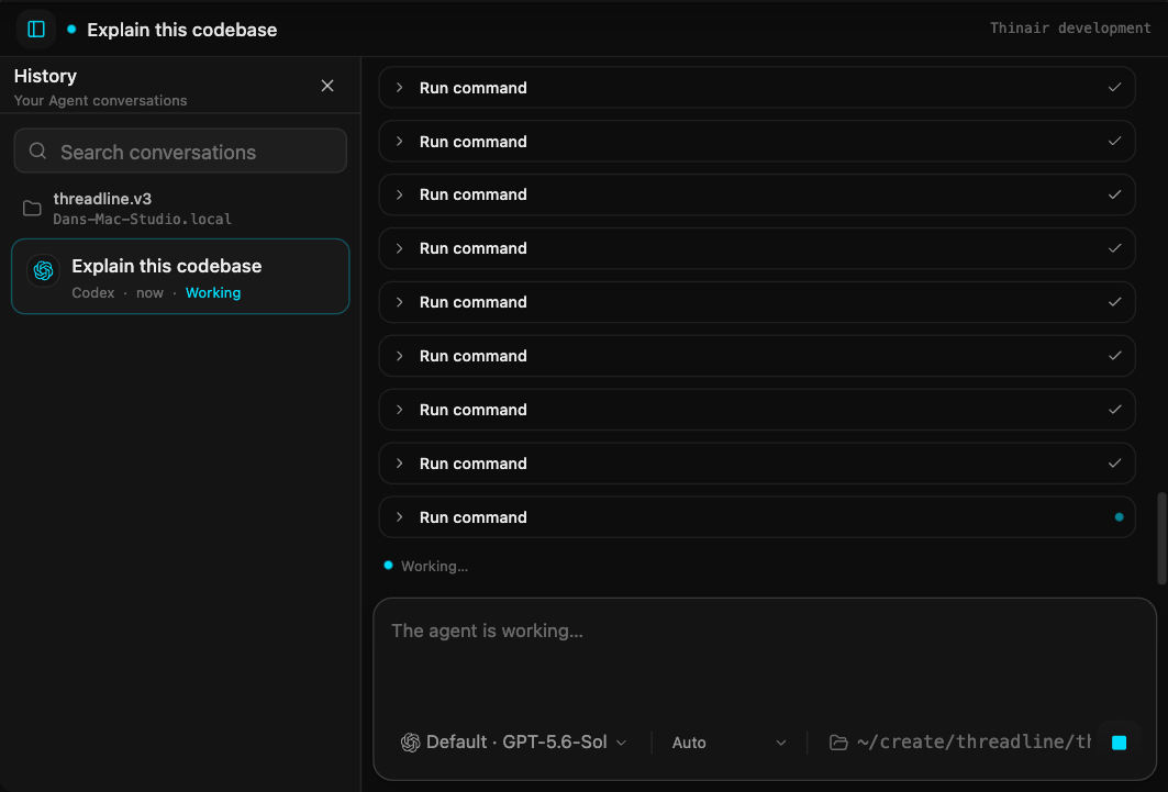 A Thinair agent working through a task with command activity and a live prompt